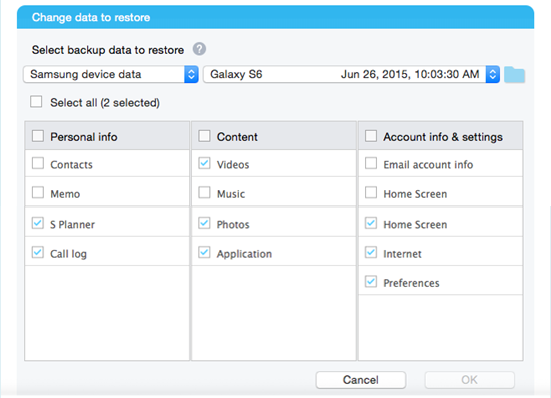 Backup Samsung Smart Switch Restore Select