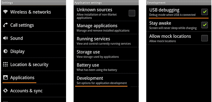 Turn on USB Debugging Android 2.3
