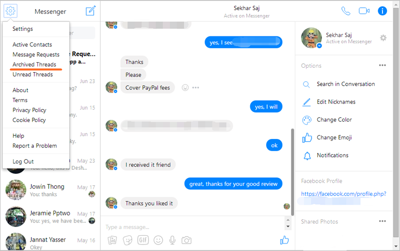 Recover messenger chat