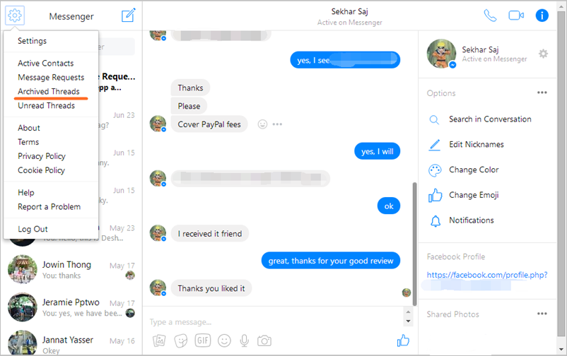 Facebook messages desktop view