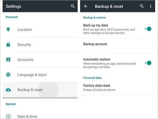Google Backup and Reset