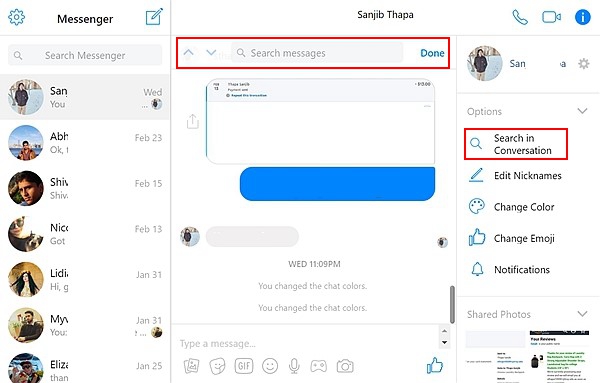 search for messages in facebook messenger