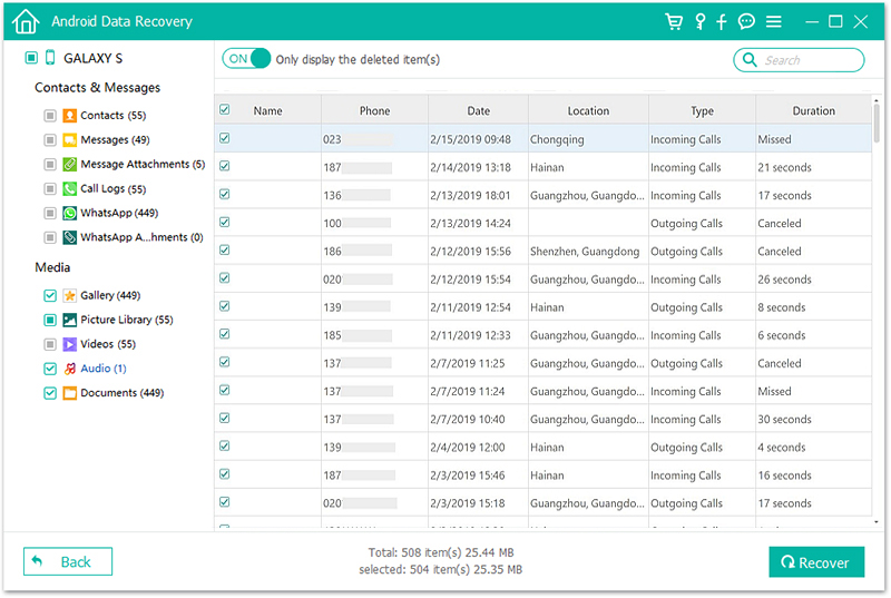 FL Android Data Recovery Result Call Log