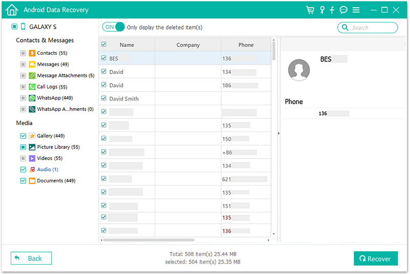 FL Android Data Recovery Result Contacts