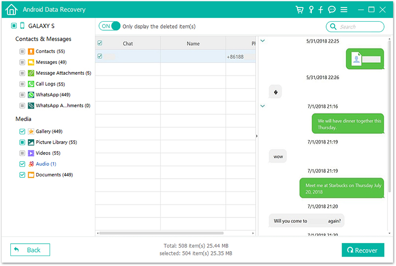 FL Android Data Recovery Result WhatsApp